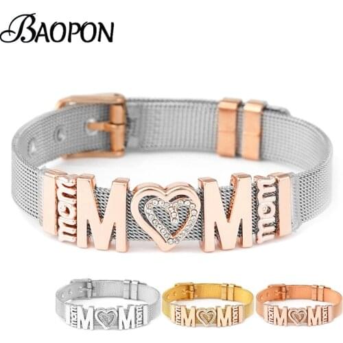 2021 Trend MOM Charm Slide Beads Bracelets With 10mm Stainless Steel Mesh Bracelet For Women Men Mother Watch Strap Jewelry Gift