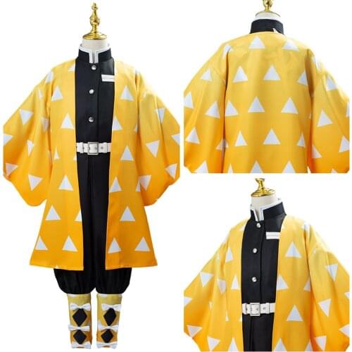 Anime Cosplay Kids Children Anime Demon Slayer Kimetsu no Yaiba Agatsuma Zenitsu Cosplay Costume Kimono Outfit Halloween Costume