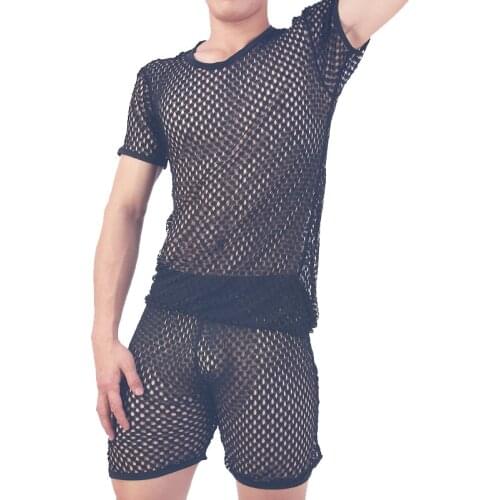 Hot Men T Shirts Transparent Mesh See Through Tops Tees Sexy Man Tshirt O-Neck Singlet Gay Male Casual T-shirt(only tops)