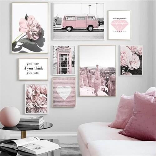 Pink Flower Bus Telephone Booth Rock Love Quote Wall Art Canvas Painting Nordic Posters And Prints Wall Pictures For Living Room