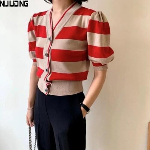 Korea Retro Women Sweater Casual Summer Short Sleeve Striped Knitted Tops Female V-Neck Single Breasted Elastic Waist Tops 2021
