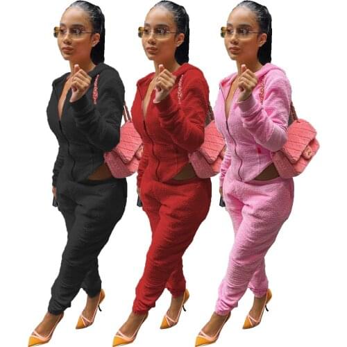 47W919 Autumn Women Casual Fashion Solid Velvet Sports Two Piece Set Top and Pants Tracksuit Sweatsuit Outfits