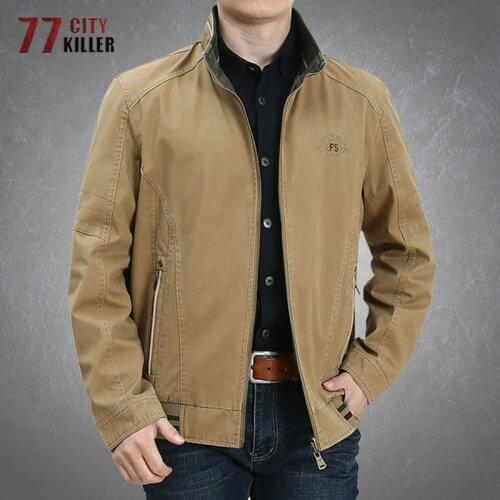 Spring Autumn Mens Double-sided Cargo Jackets Cotton Embroid Casual Loose Stand-up Collar Zipper Military Coats Middle Aged Male