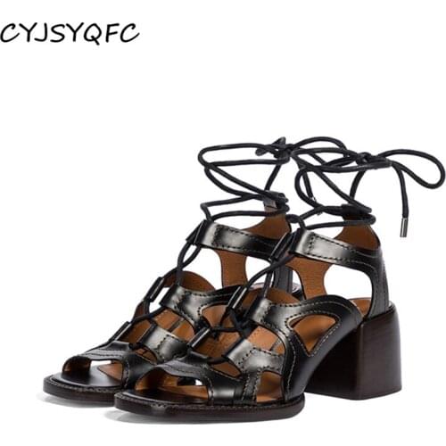 CYJSYQFC Summer Lace Up Roman Platform Sandals Genuine Leather Open Toe Chunky Block Heels Lady Shoes Ankle Strap Sewing Sandals