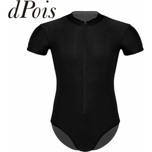 Mens One-piece Round Neck Short Sleeves Front Zipper High Cut Stretch Gymnastics Leotard Ballet Dance Leotard Bodysuit Swimwear