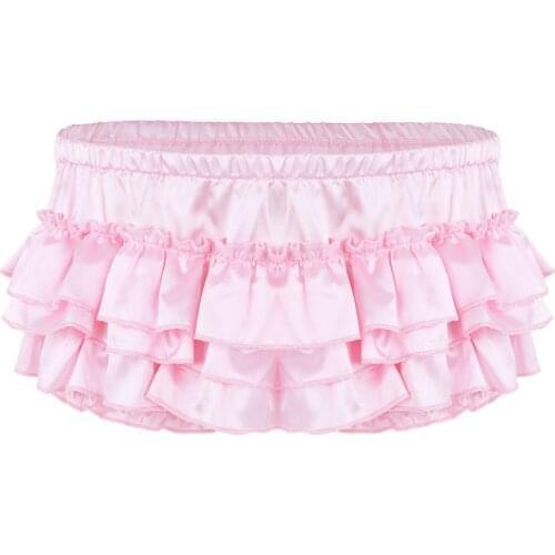 Mens Erotic Lingerie Underpants Soft Shiny Satin Ruffled Bloomer Sissy Briefs Underwear Lace Trim Tiered Skirted Panties Bottoms