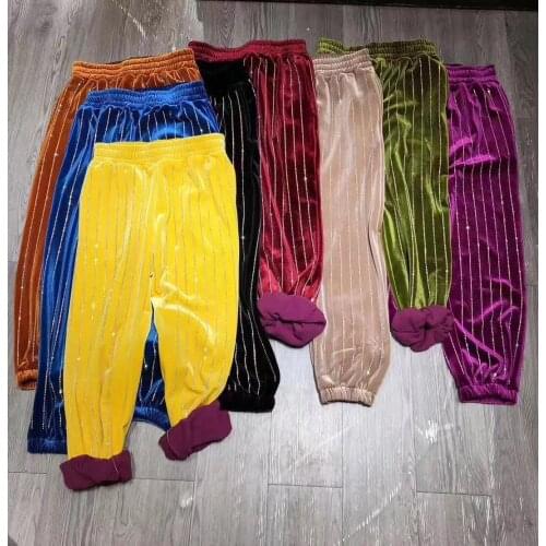 European 2020 New Winter Plus Thick Velvet Pants Women Heavy Industry Rhinestone Color Gold Velvet Loose Casual Pants Trousers