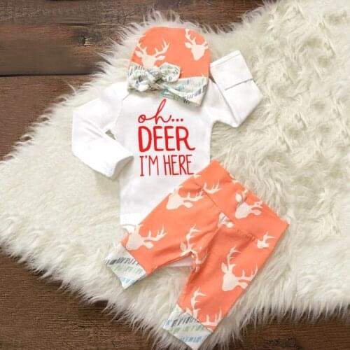 2020 New Fashion Autumn Baby boys girl Clothes Newborn T-shirt+Pants+Hat Baby Girls 3PCS Clothing Sets oh DEER I'M HERE