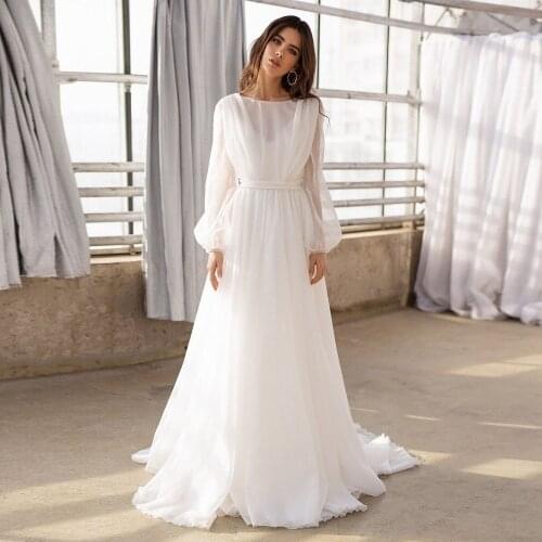 Charming Sweep Train O-Neck Chiffon Wedding Dresses 2021 Pleat Corst Long Sleeve Backless A-Line Bridal Gowns Custom Made