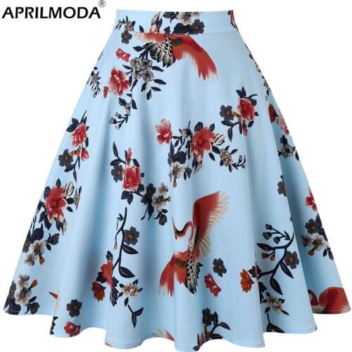 2020 Autumn 50s 60s Vintage Retro Casual Skirt Fashion Lady Bird Animal Floral Print High Waist Pleated Flare Midi Skater