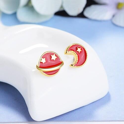 Real 100% 925 Sterling Silver Sparkling Moon & Planet Galaxy Stud Earrings for Women Party Jewelry Anniversary Gift CSE151