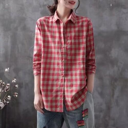 Cotton 95% Plaid Cotton Linen Women Shirts Summer Vintage 2021 Loose Pocket Casual All Match Female Outwear Coats Tops