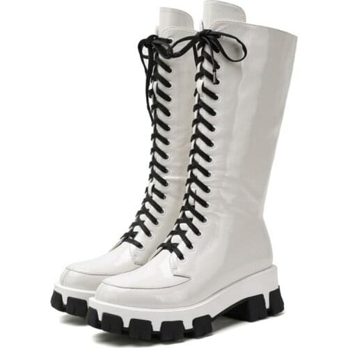 Sexy Knee High Boots Women Shoes Platform Lace Up Fashion Combat Boots For Women Red White Black Casual Winter Fur Shoes Woman