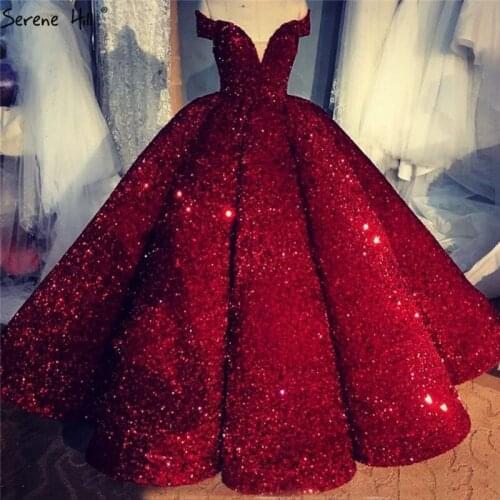 Serene Hill Burgundy Luxury Off Shoulder Wedding Dress 2020 Sleeveless Sequins Sparkle Sexy Bridal Gown Custom Made CHA2311