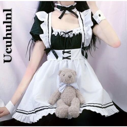 Ucuhulnl Kawaii Maid Dress Lolita Maid Outfit Cute French Maid Cosplay Costumes Uniform Japanese Puff Sleeve Bandage Dress
