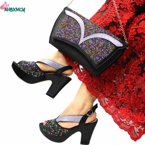 Comfortable Heels New Design Nigerian Women Shoes and Bag to Match in Black Color Decorate with Rhinestone for Wedding Party