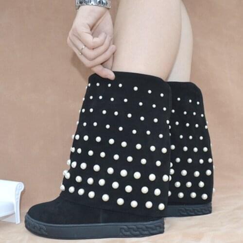 Hot Woman Black Faux-pearl Ankle Boots Height Increasing Full Beaded Embroidery Chunky Sole Platform Wedge Boots