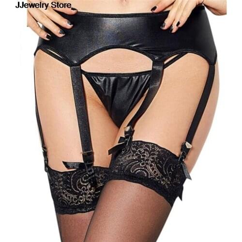 Womens Black Faux Leather Latex Garter Belt Suspender Set With Underwear Panty Plus Garter Belt Size M/XXXL