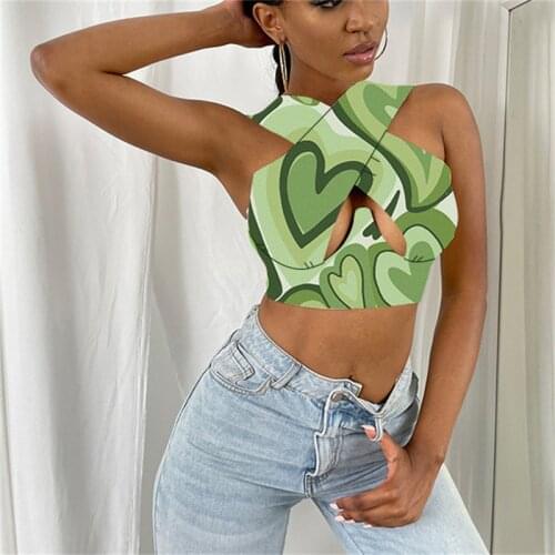 Women Close-fitting Hollow Out Cross Vest Heart Printed Pattern Sleeveless Crop Tops Green/ Purple/ Dark Green