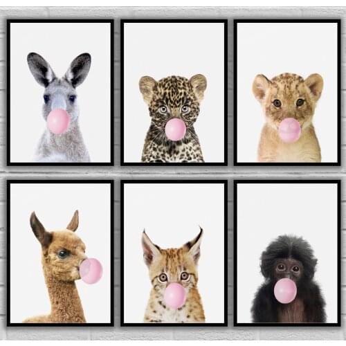 Bubble Chewing Gum Giraffe Alpaca Kangaroo Leopard Lion Cub Llama Lynx Monkey Posters Canvas Art Painting Wall Art