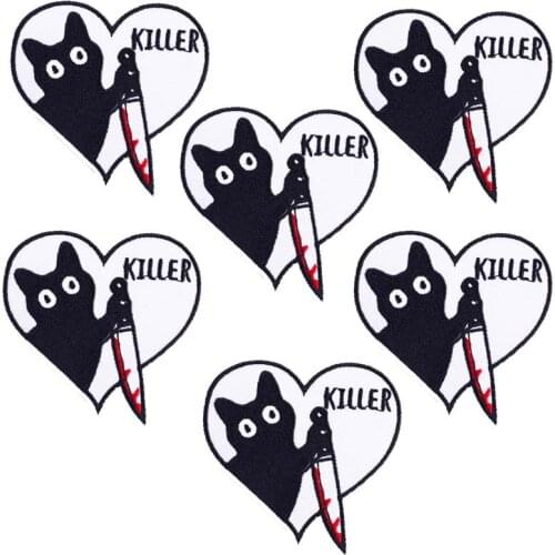 10Pcs/Set Black Cat Patches Punk Embroidery Patch For Clothing Knife Stripes Patch Punk Badges Iron On Patches For Clothes
