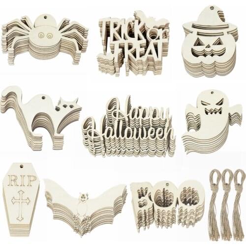 10pcs Halloween Wooden Pendant Bat Spider Pumpkin Trick or Treat Wood Slices with Rope Halloween Party DIY Decoration Kids Favor