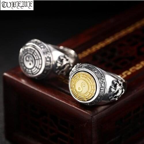 100% 925 Silver Tibetan Nine Directions Eight Symbols Ring Buddhist Good Luck Ring Man Ring Tiger Dragon Symbol