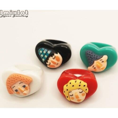 2021 New Cute Colorful Acrylic Resin Cartoon Finger Rings Human Portrait Love Heart Rings for Women Girls Party Jewelry Gifts
