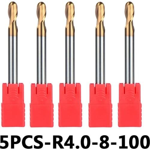 5pcs/lot R4-8-100 HRC55 With Straight Shank Tungsten Steel Ball Nose End Mills 2-Flute Ball Head Milling Cutters Router Bits
