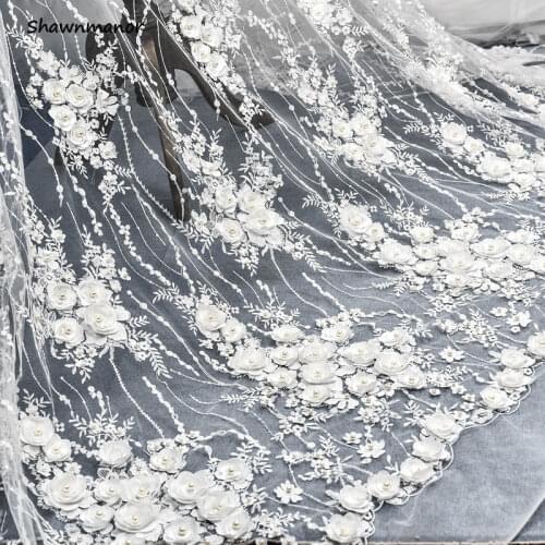 50CM*130CM 3D Beaded Satin Flower Lace Fabric Embroidered Mesh Wedding Fabric Off White для шитья и рукоделия