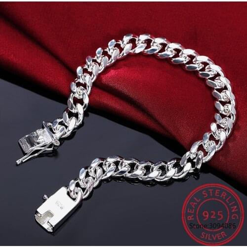 Classic Italy Mens Bracelets 100% 925 Sterling Silver Handmade Curb Cuban Link Chain Bracelets 10 mm 8 in Man Jewelry Gift