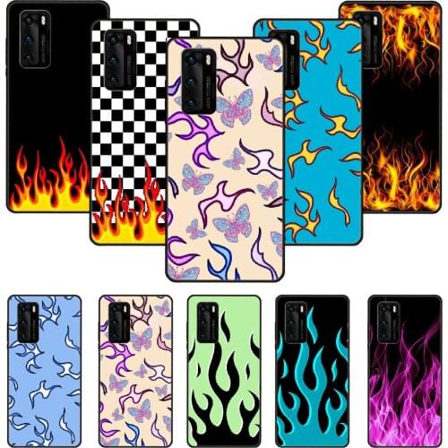 Phone Case For Huawei P20 P30 P40 P Smart Z + P10 Mate 30 10 20 Lite Pro Black Cover Funda 3D Bumper Fashion trend Red Flames