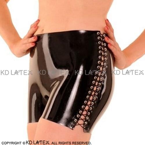 Black Low Waist Sexy Latex Panties With Lacing At Two Sides Rubber Boyshorts Briefs Shorts Underpants Underwear Bottom DK-0170
