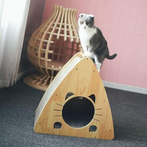 Pet House Solid Wood Closed Triangular Cat Bed Scratching Board Rest Practice Claws Four Seasons Universal Cat Mat To Keep Warm