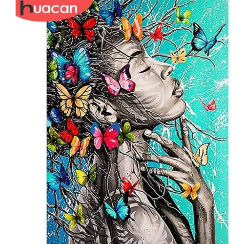 HUACAN Diamond Painting Woman Butterfly Cross Stitch Sale Diamond Embroidery Portrait Full Square Round Rhinestone Kit Wall Art