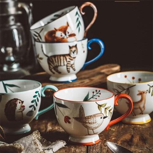 Home Office Ceramic Mug Hand-painted Animal Patterns Milk Coffee Cup Porcelain Cup Creative Ggift for Friends and Family 400ML