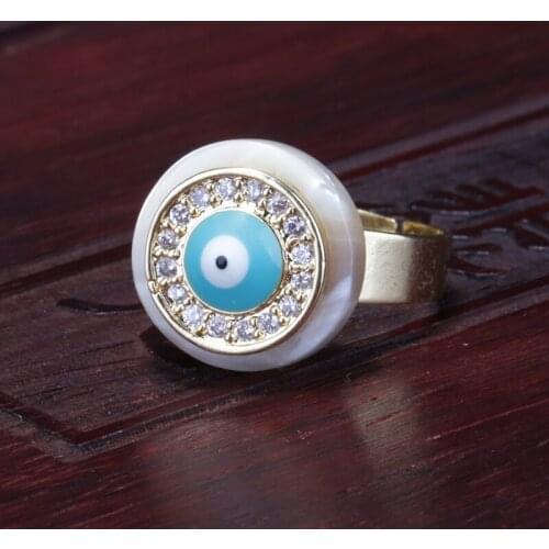 White cz paved disc coin blue eye protection charm on round shell bead gold resizable rings for woman hand jewelry gift