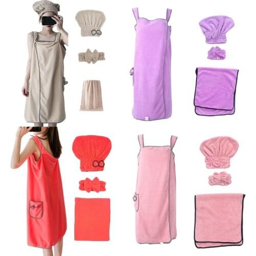 Women 4pcs Absorbent Coral Velvet Spa Bath Wrap Cover Up Set Fleece Bathrobe Shower Towel Tube Dress With Hat Headband