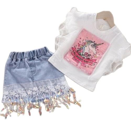 Girls Clothing Set Pearl Lovely Unicorn Toddler Kids Lace T shirt Tops + Tassel cowboy Skirt baby Girls Suit Children Clothes