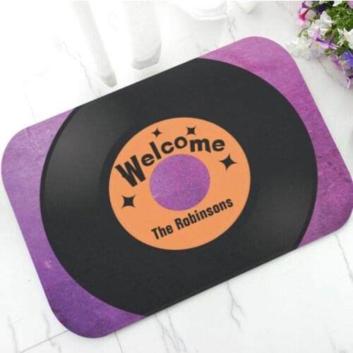 Funky Custom Family Name Vinyl Record Player Welcome Doormat Retro Vintage Personalised Door Mat for Music Lover Rug Home Decor