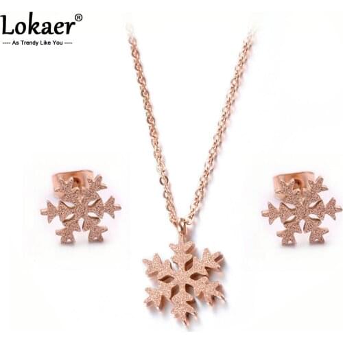 Lokaer Trendy Frosted Snowflakes Chain & Link Necklaces Earrings Jewelry Sets Titanium Steel For Women Christmas Gift SE009