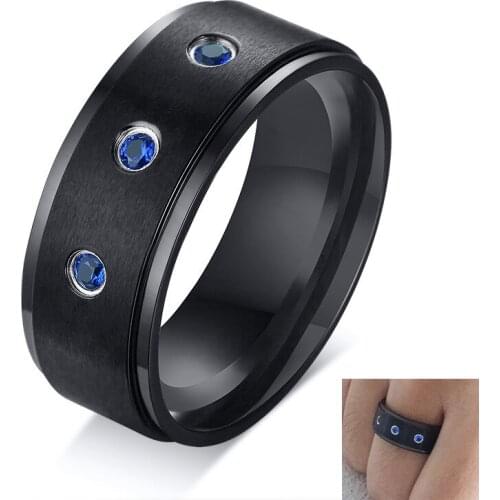 Simple Finished Black Stainless Steel Mens Ring with 3 Blue Zircon Gifts Jewelry Band