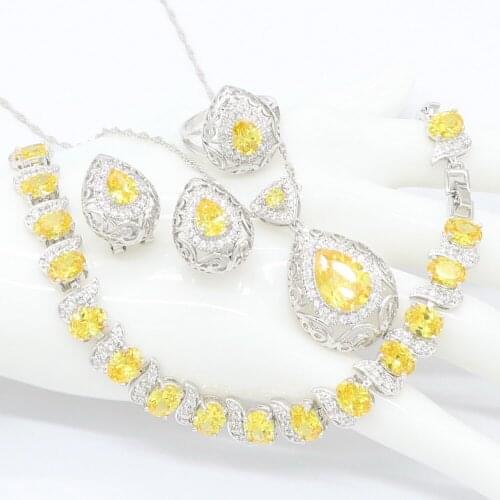 Stamp Silver Jewelry Sets For Women Yellow Cubic Zirconia Necklace Pendant Bracelets Earrings Rings Christmas Gift