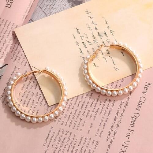 New Simple Pearl Hoop Large Drop Earrings For Women Girls Earrings Circle Statement Fashion Gold Wedding Earrings 2020 Jewelry
