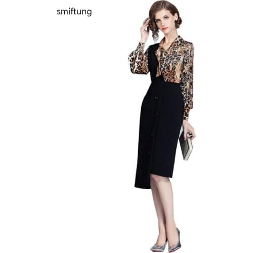 Wholesale smiftung fashion Spring leopard printing dress / Autumn pencil style patchwork dress / long sleeve
