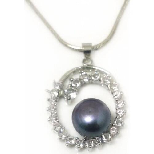 18 inches 20mmx30mmm Zirconia Circle Style 11-12mm Black Natural Button Freshwater Pearl 925 Sterling Silver Charm Necklace