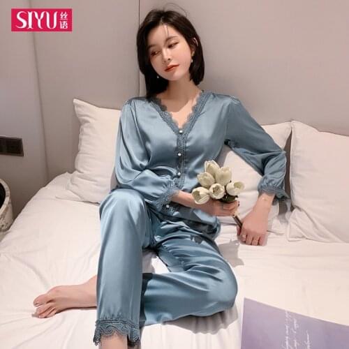 2021 Summer Silk Like Pajamas Womens Leisure Simple Nightwear Set Spring Short Sleeve Home Wear Lace Sexy Sleepwear