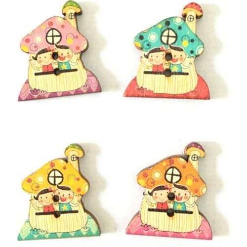 30x30mm 50pcs Multicolor Painted Wood Buttons House Handmade Decorative Scrapbooking button DIY Accessories 7NK170