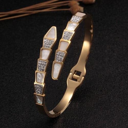 Luxury Snake Shell Weeding Party Charm Bangles For Women Girls Jewelry Gift Trendy Brand Open Cuff Crystal Bangles