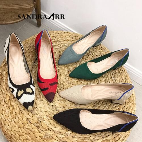 SANDRA JRR Woman Med Chunky Heels Shoes Summer Autumn Breathabkle Stretch Knit Pointed Toe Pumps Office Casual Shoes